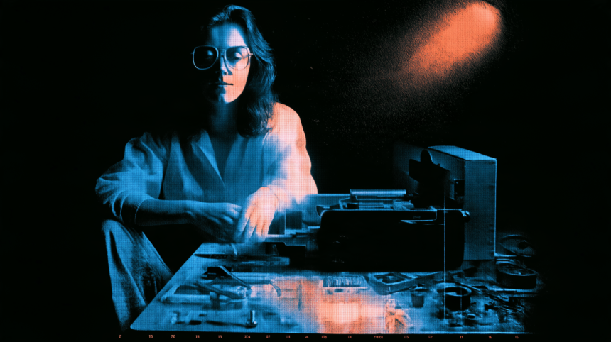 Risograph illustration of a technician at a bench with a disassembled machine laid out in labelled parts