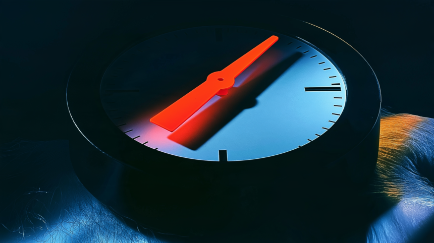 A close up of an analogue gauge needle sitting between two unmarked positions on a dial.