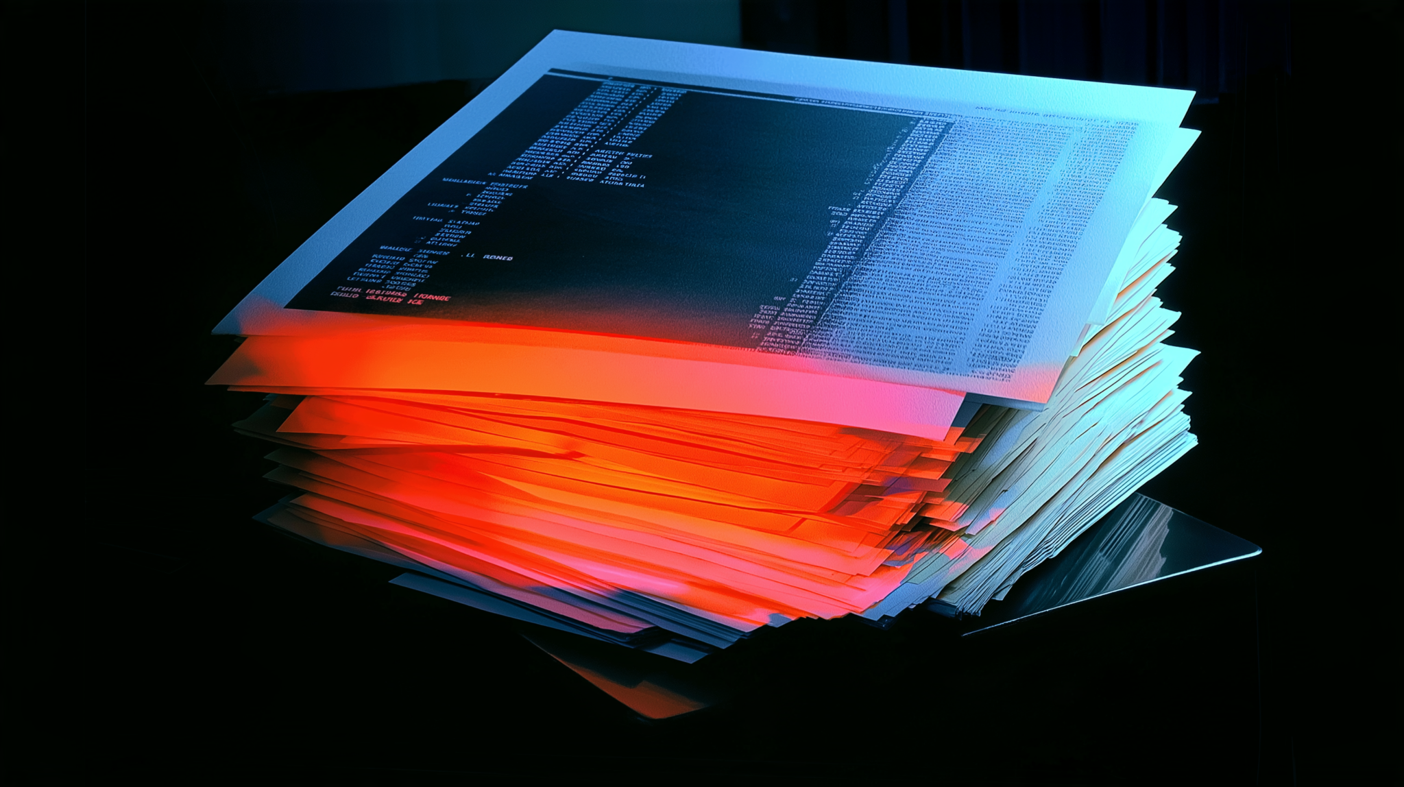 Risograph illustration of a bill with a large total and a long column of small line items