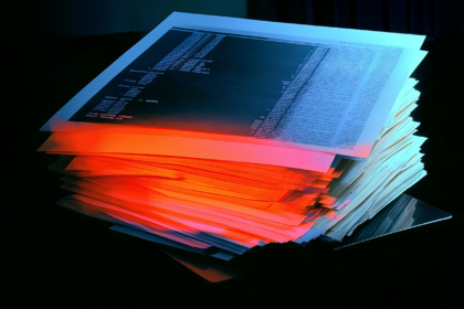 Risograph illustration of a bill with a large total and a long column of small line items