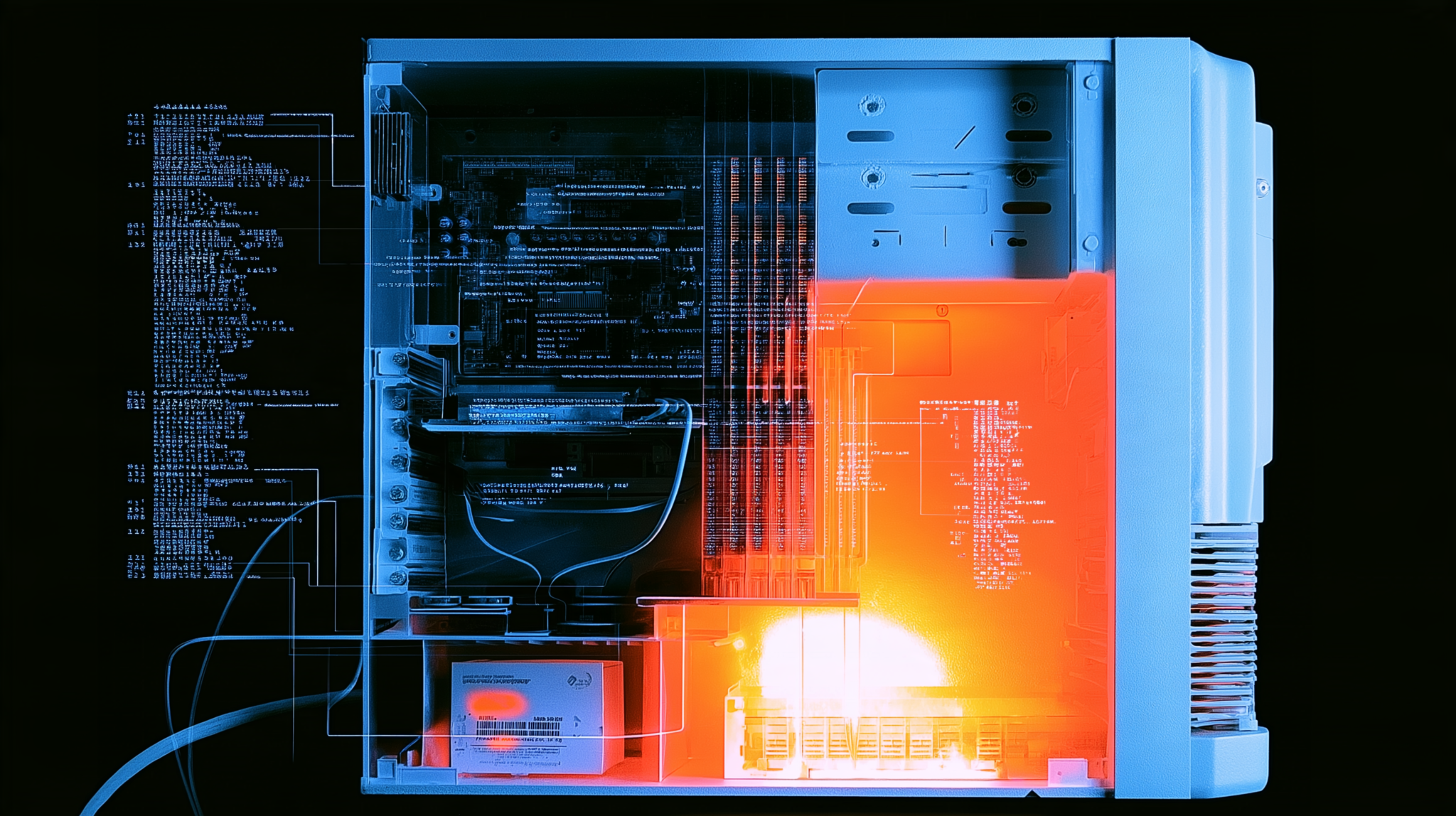 A technical cutaway of a desktop PC showing the graphics card, RAM and disk as separate labelled compartments