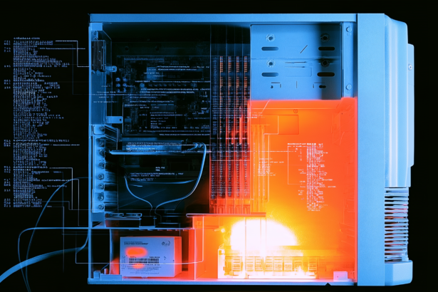 A technical cutaway of a desktop PC showing the graphics card, RAM and disk as separate labelled compartments