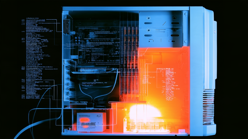 A technical cutaway of a desktop PC showing the graphics card, RAM and disk as separate labelled compartments
