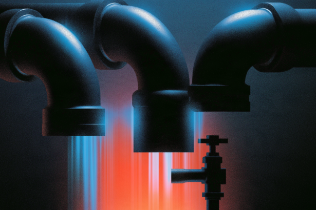 Risograph illustration of three pipes of different sizes feeding a single tap