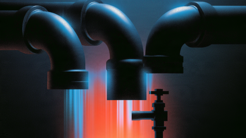 Risograph illustration of three pipes of different sizes feeding a single tap