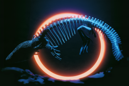 A glowing wireframe creature skeleton showing joint connections against a dark background.