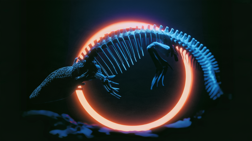 A glowing wireframe creature skeleton showing joint connections against a dark background.